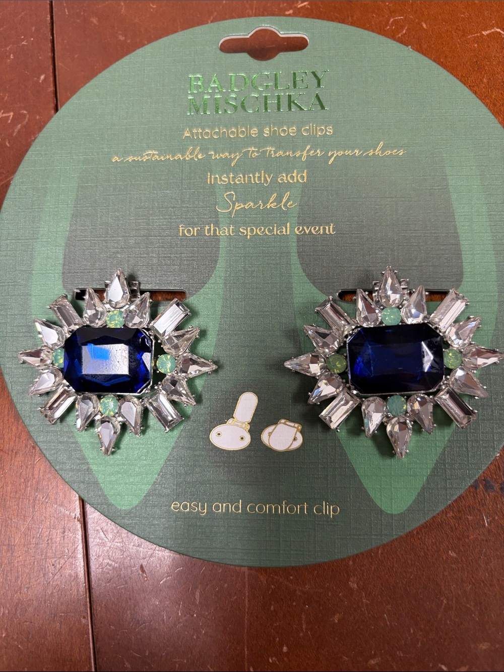 Badgley Mischka Navy Blue and Mint Crystal Decorative Shoe Clips